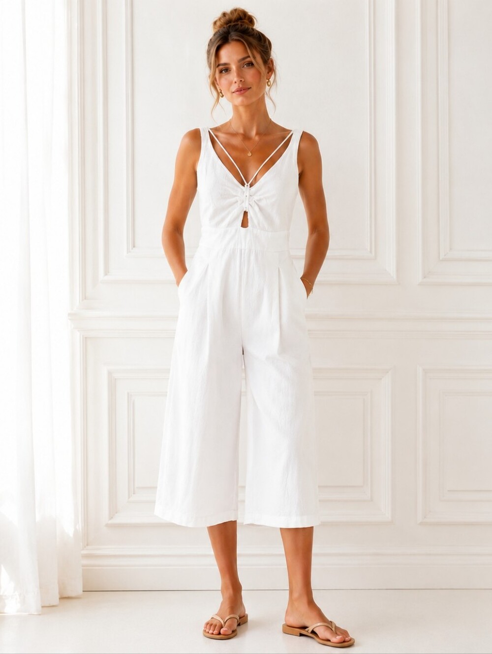 Anrabes | White Linen Blend Wide Leg Jumpsuit | Size L | Adjustable Straps